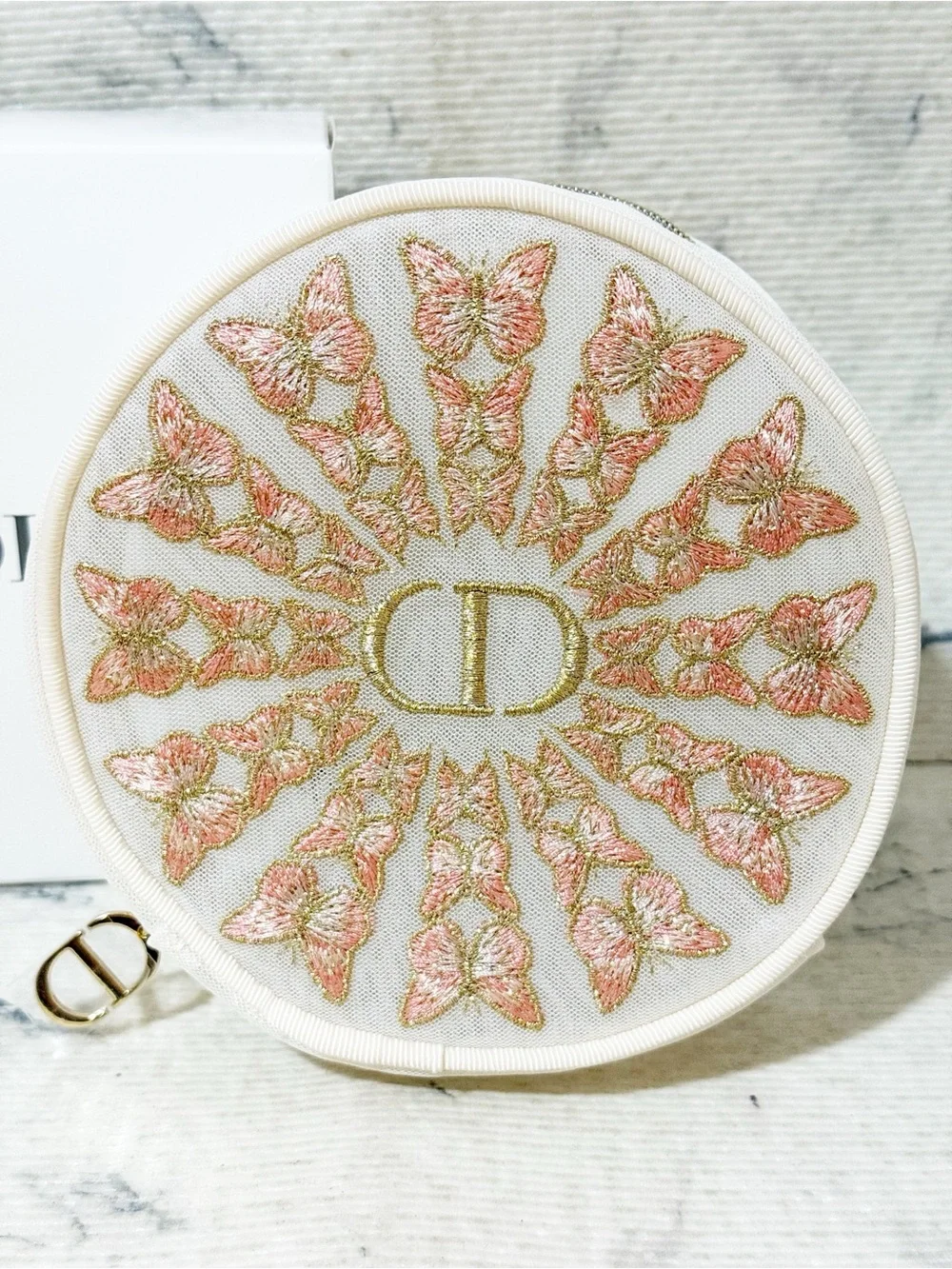 Dior Beauty Pink and Gold Butterfly Embroidered Round Pouch w/ Matching Gift Bag